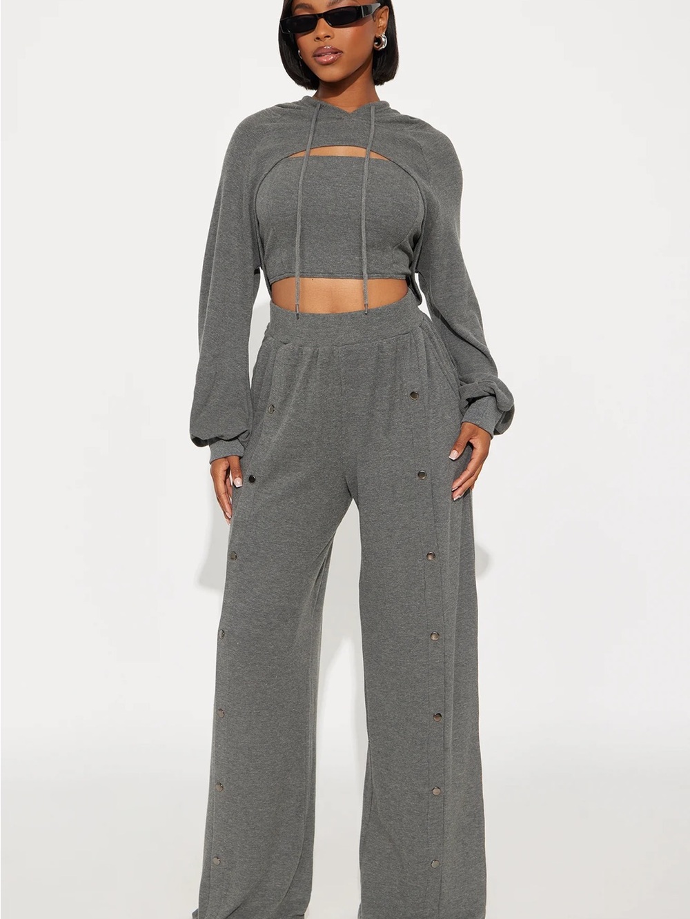 Women's Gray Two-Piece Hooded Crop Top & Wide-Leg Pants Set